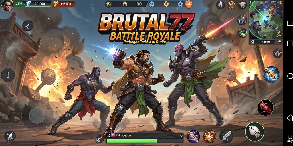 Screenshot dari gameplay BRUTAL77 menampilkan aksi pertarungan Battle Royale yang mendebarkan.