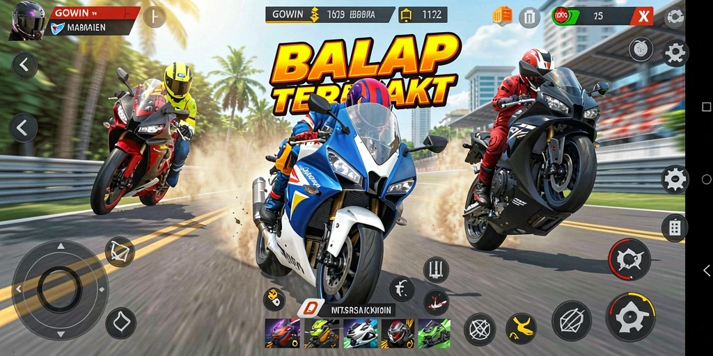 Tangkapan layar GOWIN menampilkan balapan motor yang menegangkan dan dinamis.