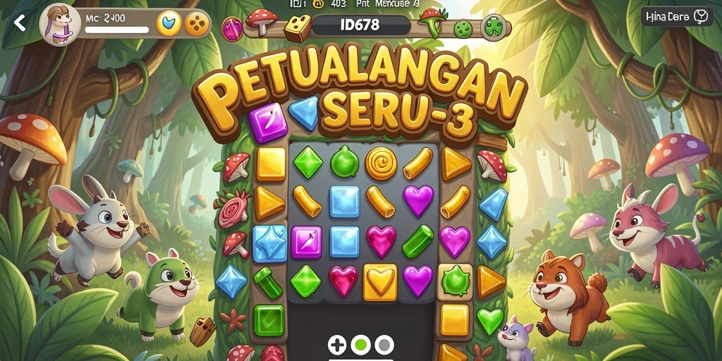 Screenshot ID678 menampilkan serunya gameplay Match-3 dengan permata berwarna-warni.