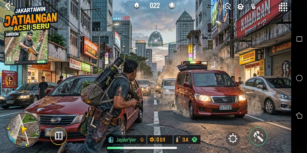Tangkapan layar gameplay JAKARTAWIN menampilkan aksi seru dalam bertarung di Jakarta.