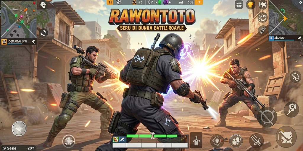Screenshot gameplay <strong>RAWONTOTO</strong> memperlihatkan aksi seru dalam pertarungan Battle Royale.