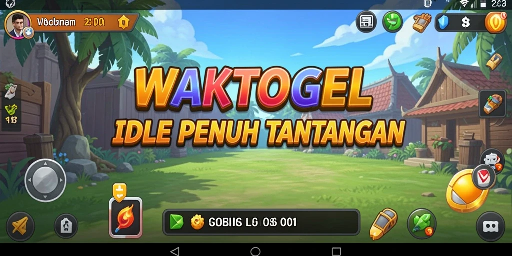 Tampilan gameplay WAKTOGEL dengan karakter yang aktif dan sumber daya yang terkumpul.